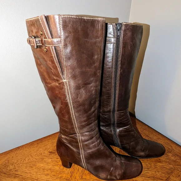 Ecco Bremen Brown Leather Zip Up Buckle Strap Knee High Boots Women 6.5 / 37 - Picture 2 of 9